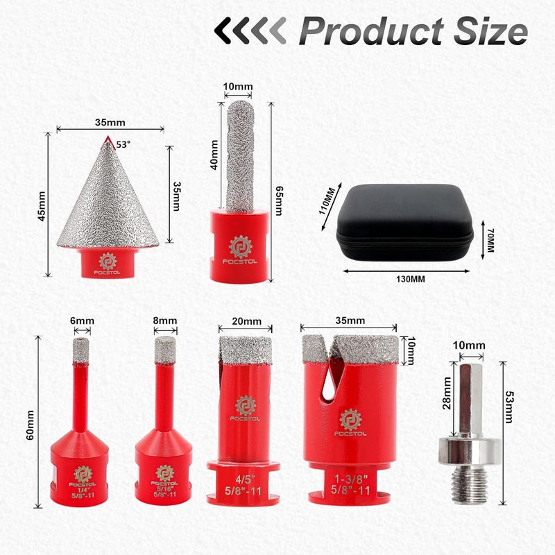 FOCSTOL Diamond Core Drill Bit Set - 7pcs (6/8/20/35mm+10mm Finger Milling Bit+35mm Beveling Chamfer Bit+HEX) Diamond Hole Saw Kit for Porcelain Ceramic Tile Marble Granite - Image 2